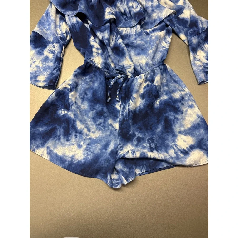 IZ Girl Blue Tie Dye Cold Shoulder Romper Bell Sleeve Girls Size M 10-12